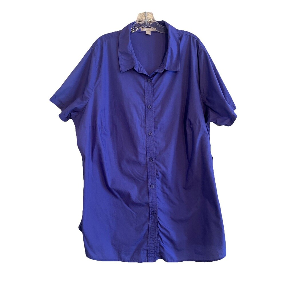 Woman Within Blouse 2X 26/28 Purple Tunic Cotton Short Sleeve Button Down Spring